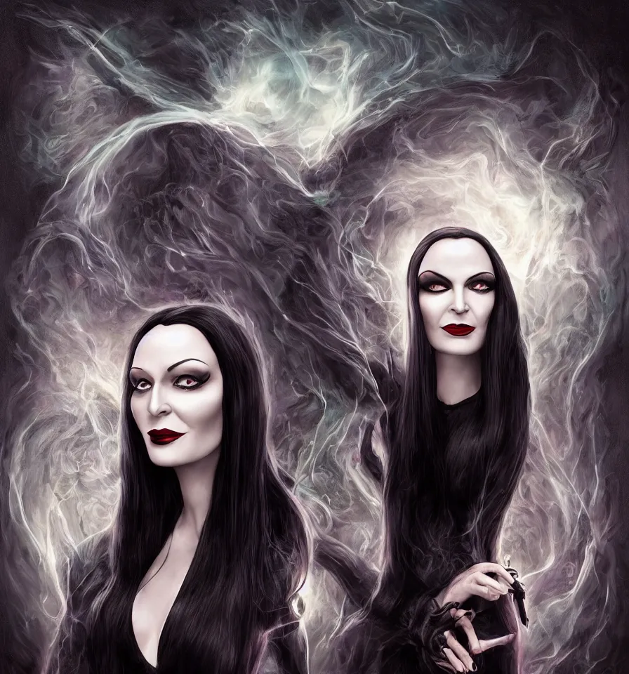 Image similar to a frontal face portrait of Morticia Addams + 25mm f/1.7 ASPH Lens + backlit + incredible lighting+ strong rim light + highly detailed + god rays + digital painting + HDRI, by Alvaro Castagnet, Peter Mohrbacher and Dan Mumford, vivid colors, high contrast, 8k resolution, intricate, photorealistic, smooth