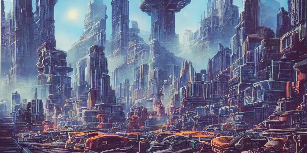 Prompt: a beautiful painting of futuristic city with croweded street alot of people by angus mckie, trending on artstation