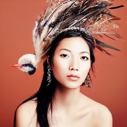 Image similar to portrait of asian princess bird sitting on the tree brunch, fashion photography, dress with feathers, jewellery, beautiful face, elegant, stylish, cool, deep gaze, emotionally touching, tenderness, high quality, photo realistic, work in the style of annie leibowitz