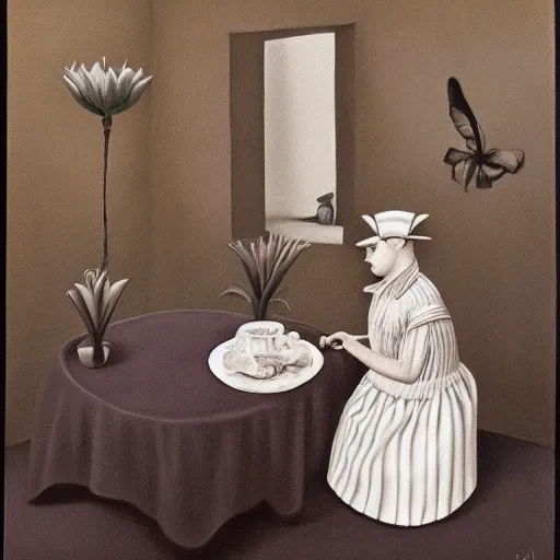 Image similar to alice in wonderland, Gertrude Abercrombie, highly detailed, masterpiece, trending on ArtStation, ultra realistic