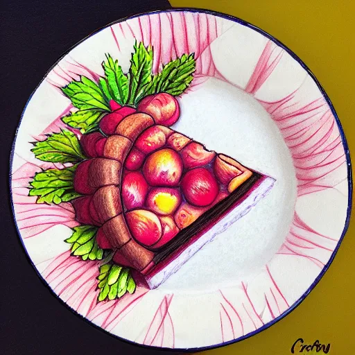 Prompt: Colored pencil art on paper, Gooseberry pie slice on a plate, highly detailed, artstation, MasterPiece, Award-Winning, Caran d'Ache Luminance