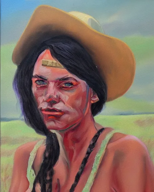 Image similar to scarred cowgirl, oil painting