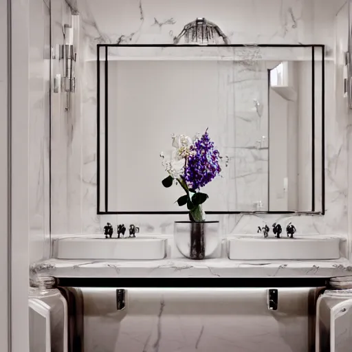 Prompt: a luxury bathroom vanity with makeup bottles, vogue magazine, photo, 4 k