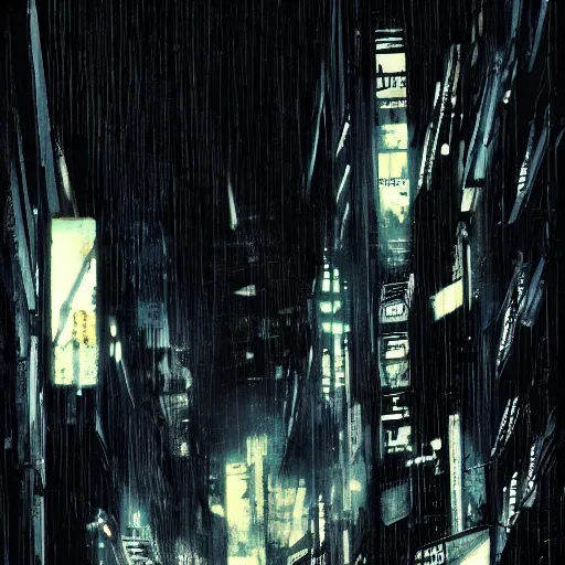 Prompt: blade runner dark narrow streets overhead cables ducts pipes monitors by ashley wood and phil hale, 4 k detailed post processing