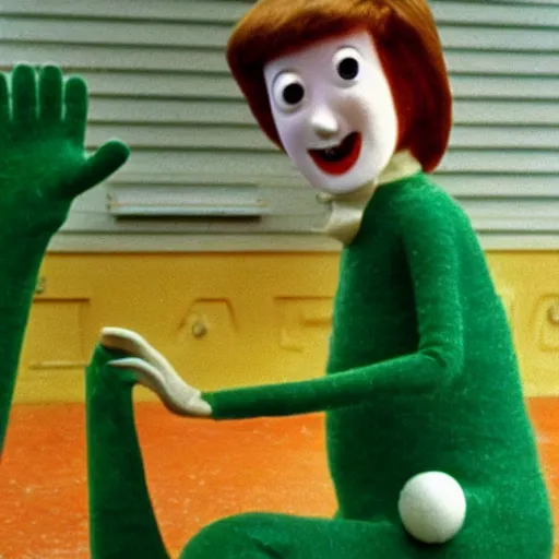 Prompt: Gumby with a long prosthetic nose 1977 wacky live-action childrens show technicolor film