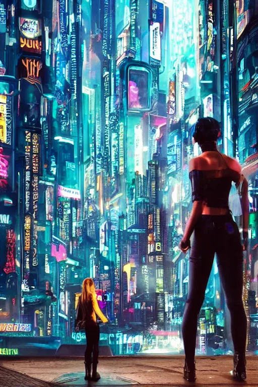 Prompt: A girl stands in front of cyberpunk city, in theme of Bladerunner movie.