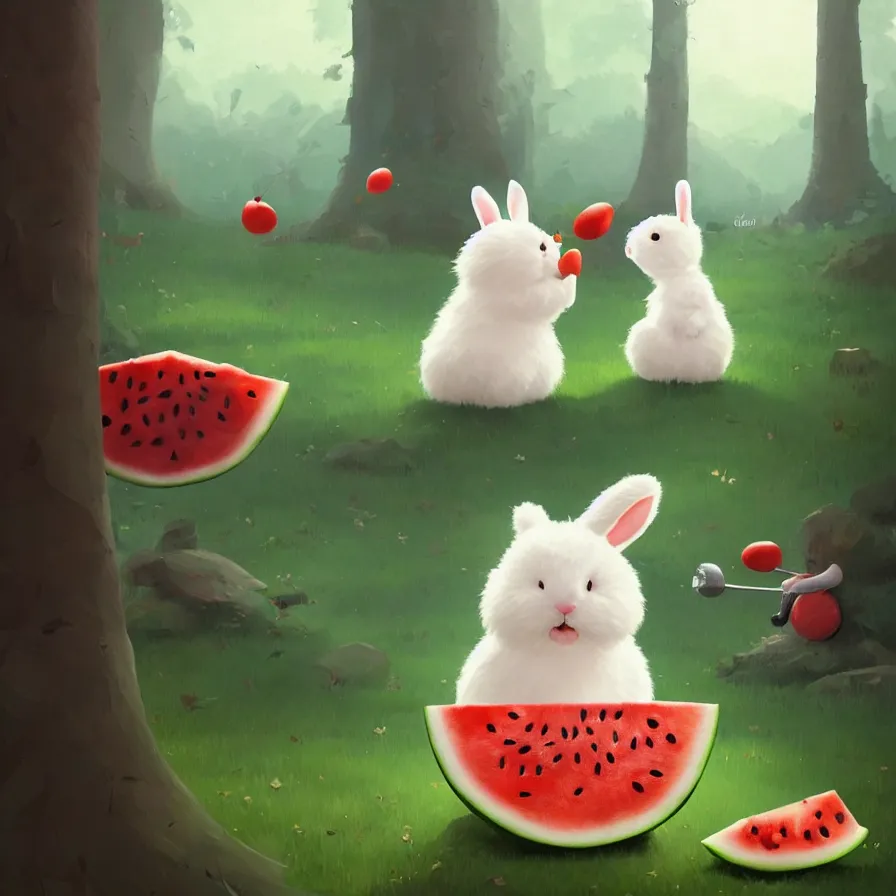 Prompt: Goro Fujita illustrating a cute white fluffy bunny with big ears eating a big watermelon in a forest, art by Goro Fujita, sharp focus, highly detailed, ArtStation