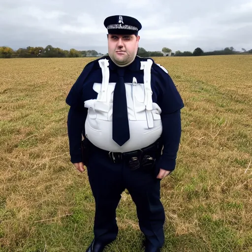 Image similar to clean - shaven chubby chubby chubby 3 2 year old caucasian man from uk. he is wearing navy police sweater and necktie and black boots and police helmet. he is standing in a field.