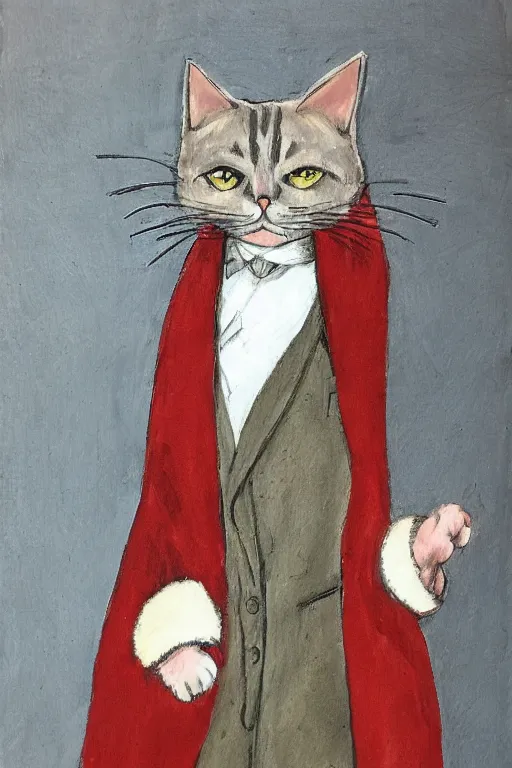 Prompt: a cat wearing a formal overcoat lisa keene