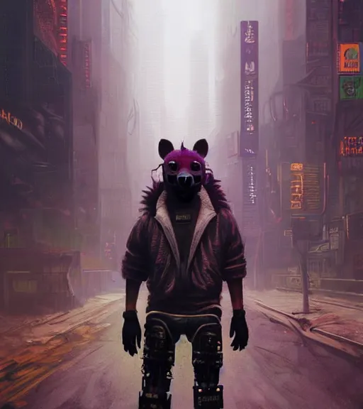 Image similar to new york city portrait of furry anthro anthropomorphic spotted hyena head animal person fursona wearing clothes strange cybernetic muzzle gloomy rainy screenshot from the video game cyberpunk 2077 digital art by Greg Rutkowski, Simon Stalenhag, christopher nolan trending on Artstation, CGSociety