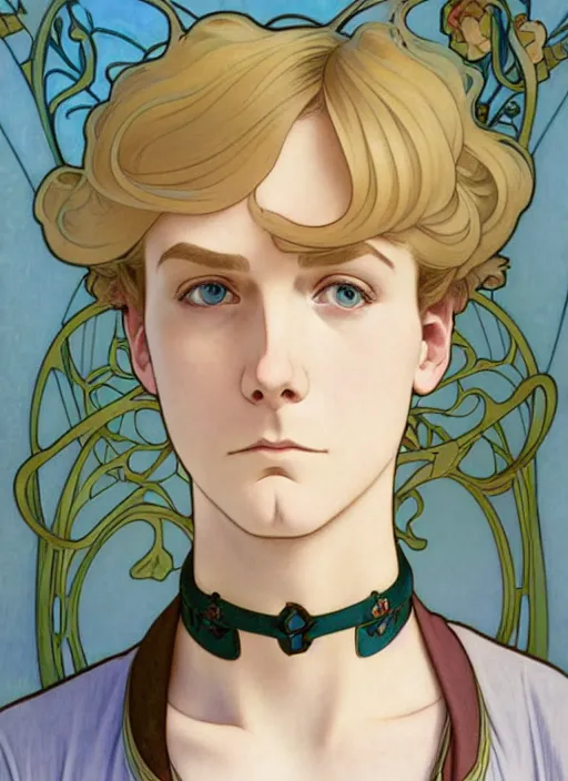 Image similar to art nouveau portrait of a pretty young man with short blond hair, light blue eyes, sad expression, scared, head down, shy and demure, wearing a choker collar, natural lighting, path traced, highly detailed, high quality, cartoon, digital painting, by don bluth and ross tran and studio ghibli and alphonse mucha