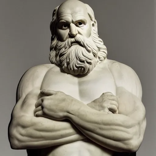 Image similar to epic greek marble statue of a grumpy bald man with a long beard, photo, chiaroscuro