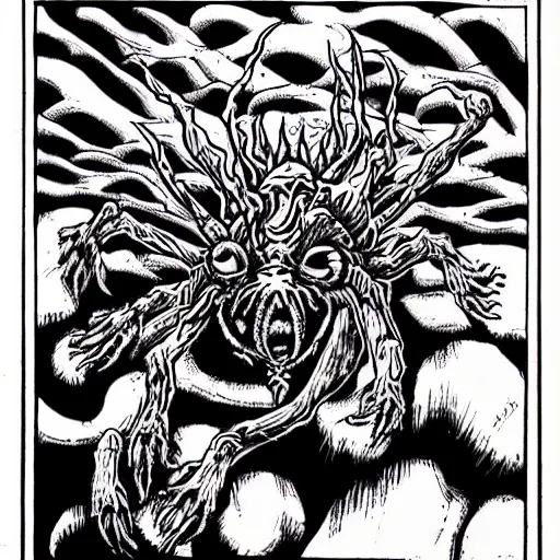 Prompt: spider dog monster with four heads breathing fire and crushing buildings, in the style of Junji Ito heavy ink