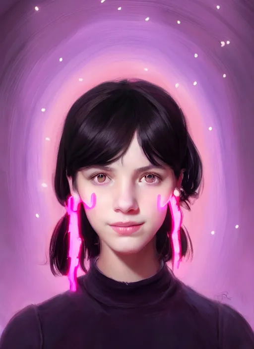 Prompt: portrait of teenage girl, narrow face, black hair, bangs, half updo hairstyle, skinny, smile, unattractive, defined jawline, big chin, wearing pink hair bow, earrings, intricate, elegant, glowing lights, highly detailed, digital painting, artstation, sharp focus, illustration, art by wlop, mars ravelo and greg rutkowski