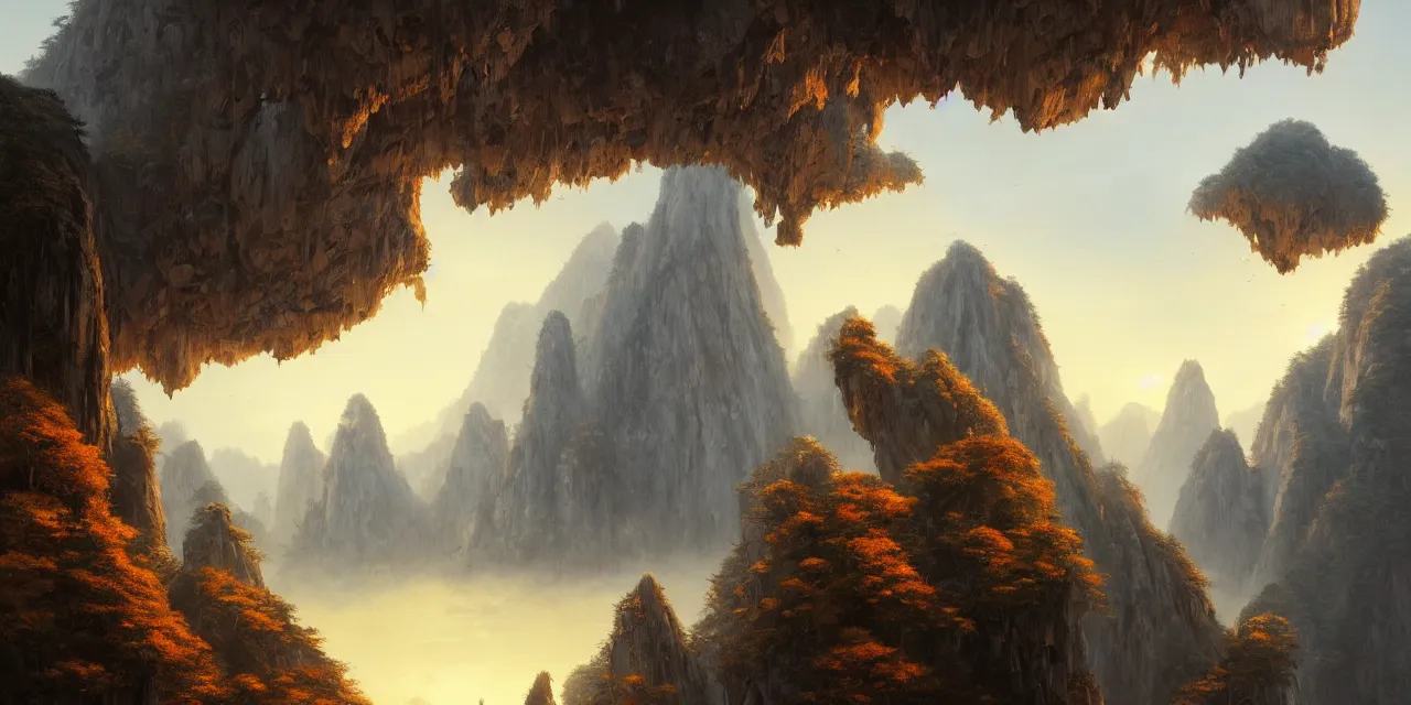 Image similar to huangshan with floating islands, zero gravity, karst pillars, complex buddisht temples on hilltops, artwork by ansel adams, andreas rocha, greg rutkowski, artstation, scifi, hd, wide angle, view on the valley from inside a grotto, autumnal, sunset