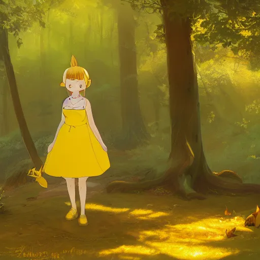 Image similar to concept art painting of an anthropomorphic chubby doe wearing yellow dress, in the deep forest, realistic, detailed, cel shaded, in the style of makoto shinkai and greg rutkowski and james gurney