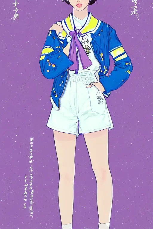 Prompt: Portrait of Eunha from Viviz and gFriend with short hair wearin purple overall shorts, short puffy pants, white tights, Golden Ribbon, and a billowy scarf. masterpiece 4k digital illustration, award winning, Artstation, intricate details, realistic, panoramic view, Hyperdetailed, 8k resolution