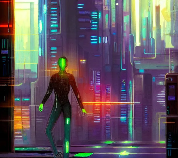 Image similar to a painting of a cyberpunk netrunner, street level