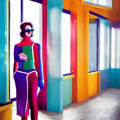 Prompt: a vibrant photograph of a woman with googles, wide shot, in doors, colourful lighting warm and cold, editorial fashion photography, from vogue magazine