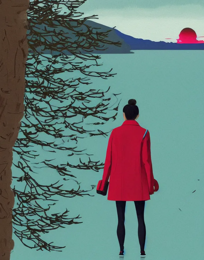 Image similar to wide shot rear view photographer woman hair in a bun kanzashi long red pattern coat backpack sneakers grasping a dslr camera while looking out over a placid lake, a character design painting, in the style of wes anderson, lola dupre, david hockney, isolated on negative white space background dark monochrome neon fluorescent spraypaint accents volumetric octane render, no double figure