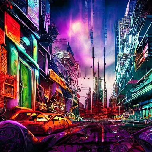 Prompt: ziggy stardust from Mars anamorphic illusion 4k, in the style of Dan Mumford, with a crowded futuristic cyberpunk city in the background, astrophotgraphy