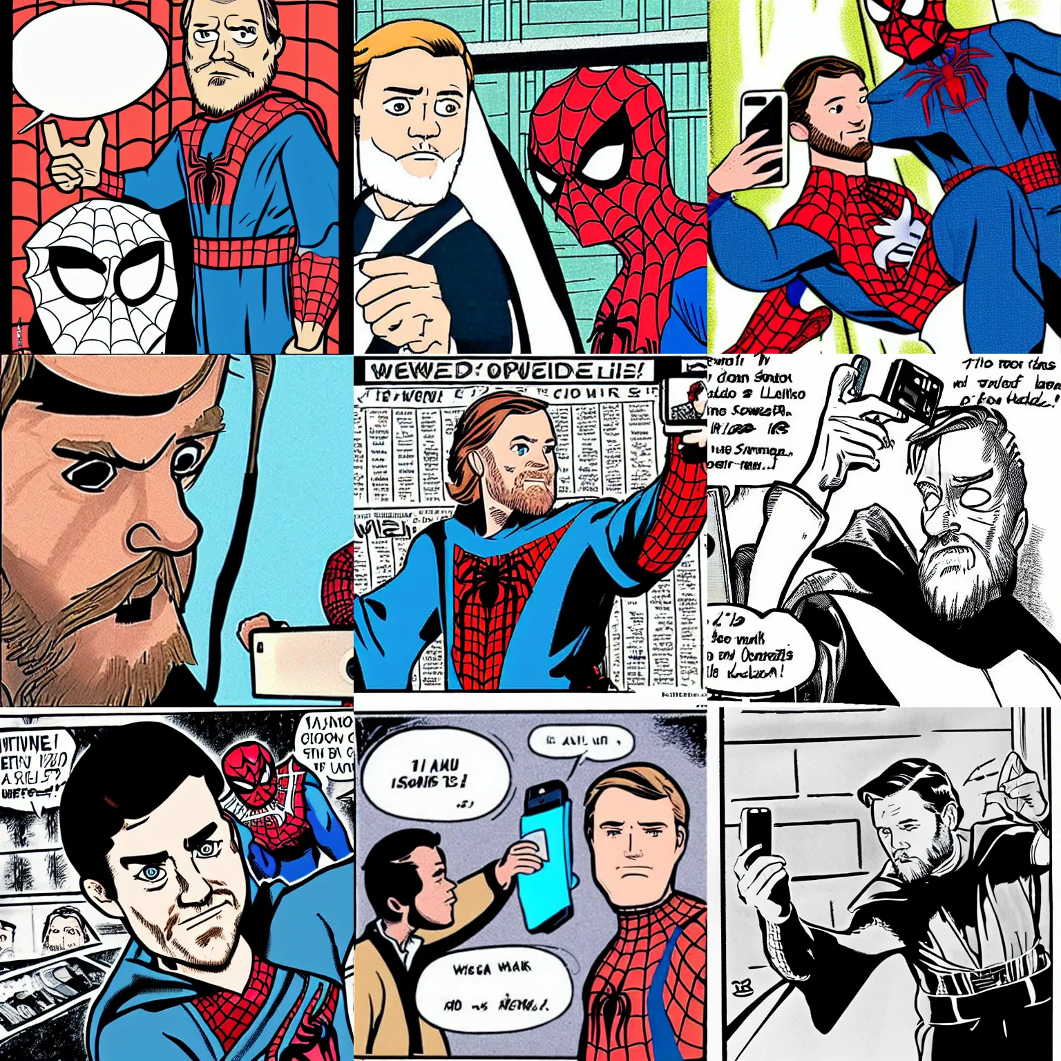 Prompt: obi wan taking a selfie with spider man, newspaper comic cartoon style, closeup