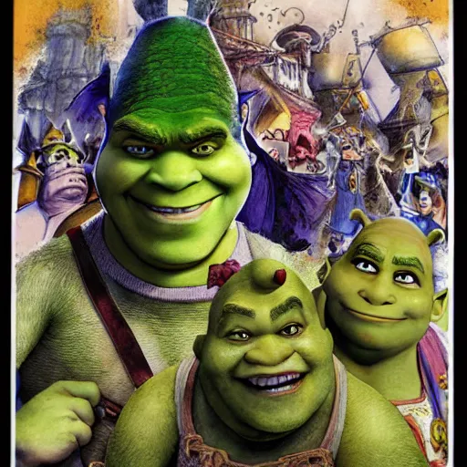 Image similar to Shrek 2 illustrated by Yoshitaka Amano highly detailed watercolor