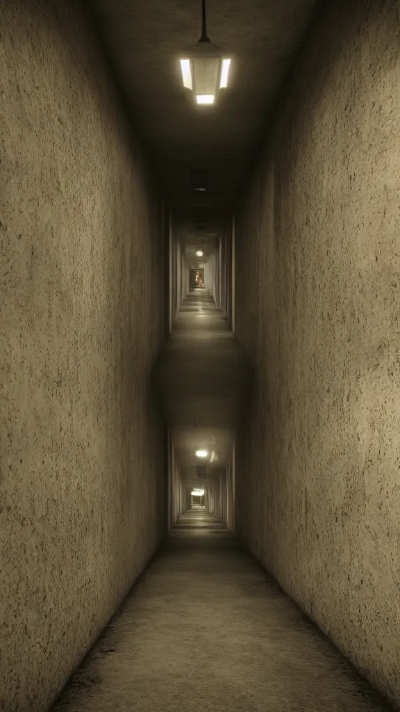 Prompt: dark and dim corridor, haunted, long exposure, detailed, hyper realistic, photorealism, ultra wide angle view, cinematic, peaceful, volumetric lighting