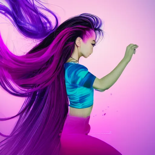 Image similar to a award winning half body portrait of a beautiful woman in a croptop with a ombre purple pink teal hairstyle with head in motion and hair flying, outrun, vaporware, vivid colors, highly detailed, fine detail, intricate