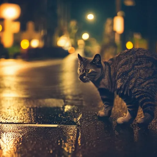 Prompt: cat on a wet street with glowing quest marker above, night time