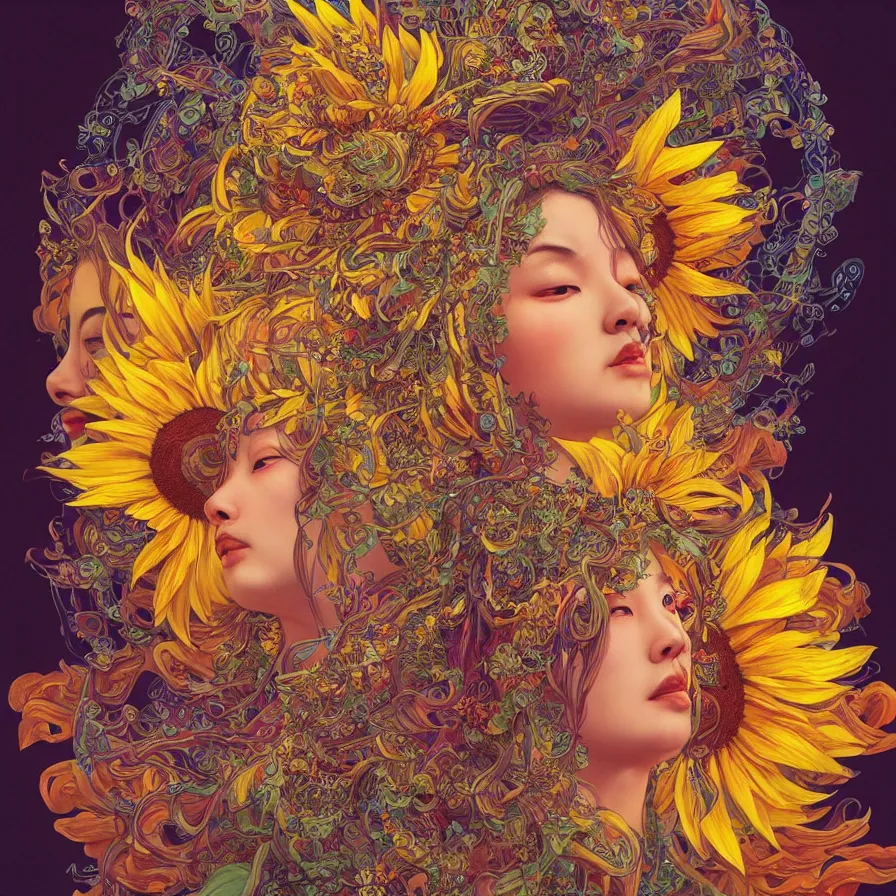 Image similar to Sunflower Chinese goddess-queen, colourful, surreal, dramatic lighting, face, detailed, intricate, elegant, highly detailed, digital painting, artstation, concept art, smooth, sharp focus, illustration, art by Sam Spratt, Dan Mumford, Artem Demura and Alphonse Mucha