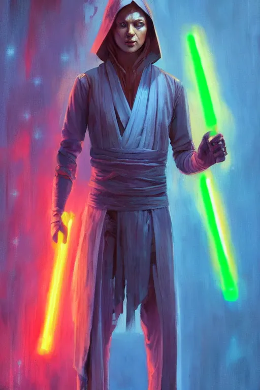 Image similar to symmetry!! a full body sci-fi portrait, oil painting, illustration of a Jedi, colourful, by Justin Sweet and Greg Rutkowski and Alphones Much