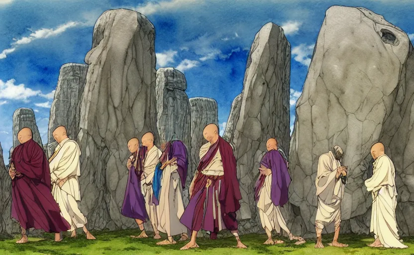 Prompt: a realistic anime watercolor fantasy concept art of a giant monk with a big forehead in grey robes partying in stonehenge. an immense stone is floating in the air. by rebecca guay, michael kaluta, charles vess