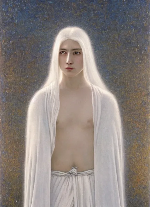 Image similar to thin young beautiful angel with silver hair so long, pale!, wearing white robes!, wearing silver hair, golden goddess, young adorable korean face, silver hair!!, oil on canvas, style of jean delville, 4 k resolution, aesthetic!,