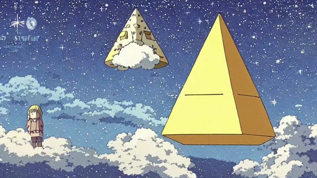 Image similar to a movie still from a studio ghibli film showing one large white pyramid and a golden ufo on a misty and starry night. by studio ghibli