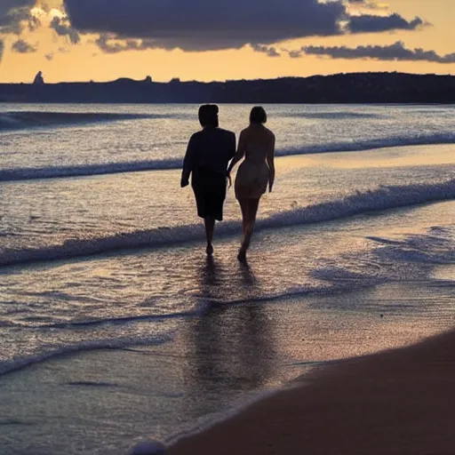 Image similar to Couple walking down a secluded beach during the golden hour quietly contemplating the newfound beauty discovered inside the other person while growing ever more deeply in trust and love between each other.