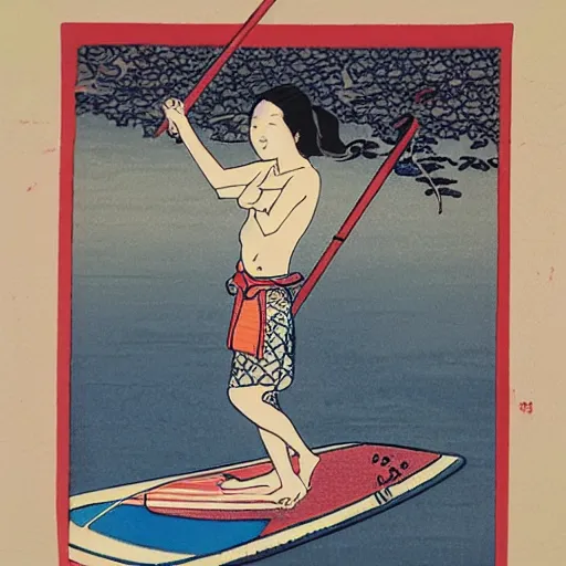 Image similar to girl stand up paddle board sup, woodblock print, style of hokusai, fine art, style of kanagawa, painting