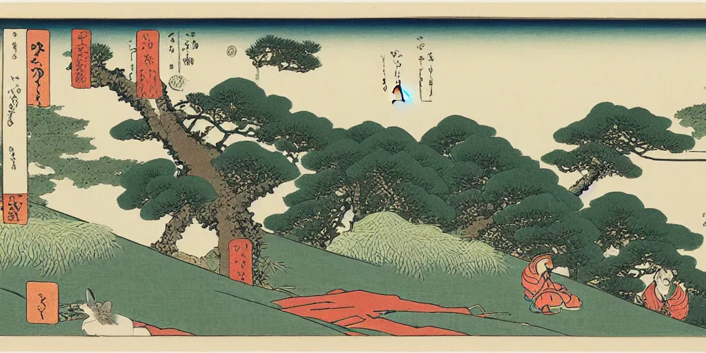 Image similar to ukiyo - e woodblock print of a rabbit on top of a hill, trees in the background, by hokusai