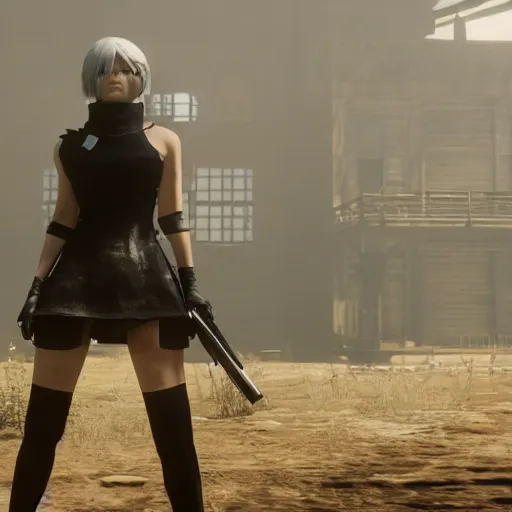 Prompt: Film still of 2B Nier Automata, from Red Dead Redemption 2 (2018 video game)