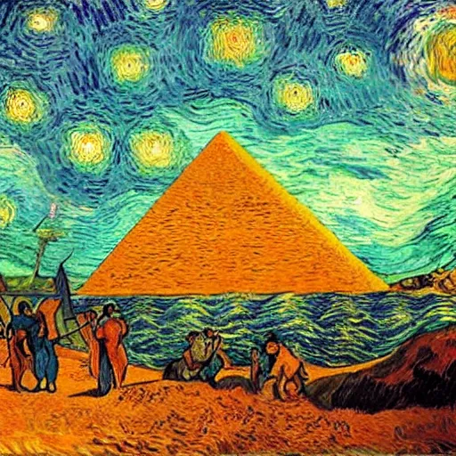 Prompt: pyramids in the middle of the ocean with planet people van gogh