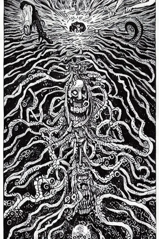 Image similar to the end of the world as we know it, junji ito illustration, lovecraftian horror, epic composition, full - color