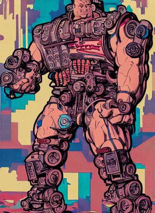 Image similar to buff cyberpunk weight lifter. robotic arm. portrait illustration, pop art, splash painting, art by geof darrow, ashley wood, alphonse mucha, makoto shinkai, laurie greasley, josan gonzales ( apex legends )