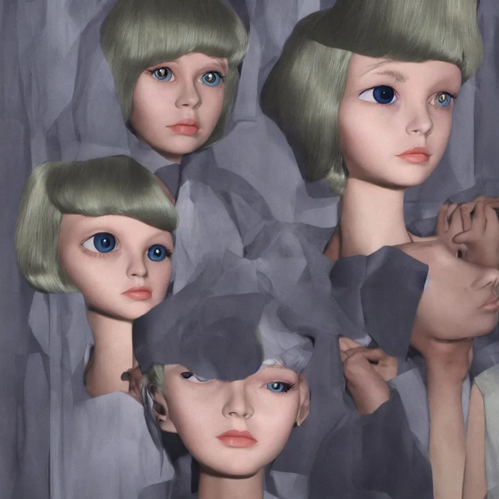 Prompt: 1 9 6 0 s mia farrow as a life size animatronic doll on the subway by margaret keane, vaporwave, big glass eyes, real hair, dimly lit, liminal space, haunting atmosphere, unrealengine octane render, 8 k