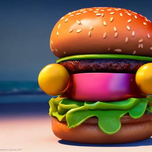 Image similar to burger, splash, 3 d render, incredible details, highly detailed, photorealistic, disney pixar, smooth, octane render, iridescent, 8 k