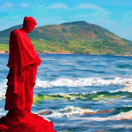 Prompt: a red statue in a sea shore, concept art