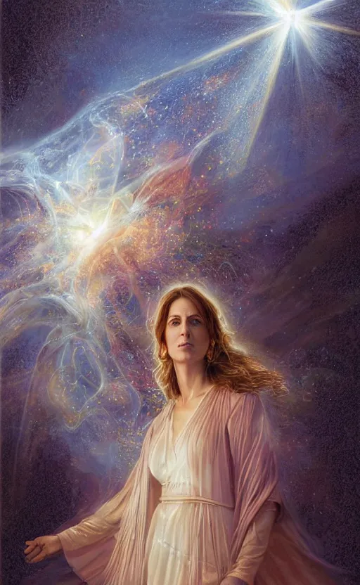 Prompt: peaceful uncertainty of saying goodbye, crossing over the spiritual veil to heaven, sharp focus, intricate, elegant, digital painting, artstation, matte, highly detailed, concept art, illustration, volumetric lighting, gold and blue and pink color scheme, bokeh light, art by greg olsen, arnold friberg, and liz lemon swindle