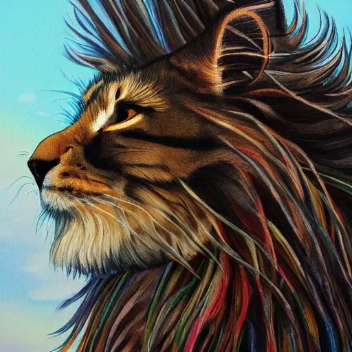Prompt: profile view of cute fluffy maine coon cat with long colorful flowing lion mane blowing in the wind with mohawk top hairstyle hybrid animal detailed painting 4 k