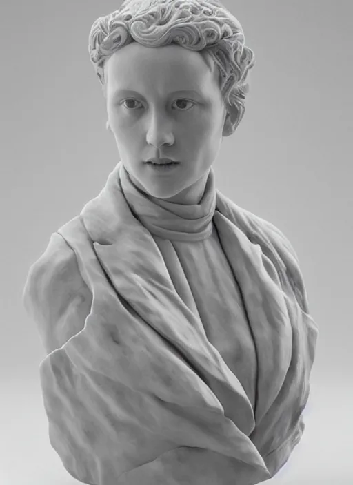 Prompt: an orthographic bust white marble sculpture of scarlet Johannsen, by Wes Anderson