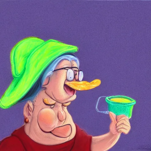 Image similar to Chalk Pastel, crazy cooky old woman, wearing a funny hat, yelling expression, trending on artstation, behance, dribbble