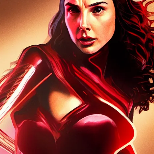 Image similar to Gal Gadot as the Scarlet Witch, illustrated by Antoine Verney-Carron and J. Lesaffre, trending on artstation, 4k, 8k, artstation 3d, artstation rendering, artstation 3d render, artstation 2d render